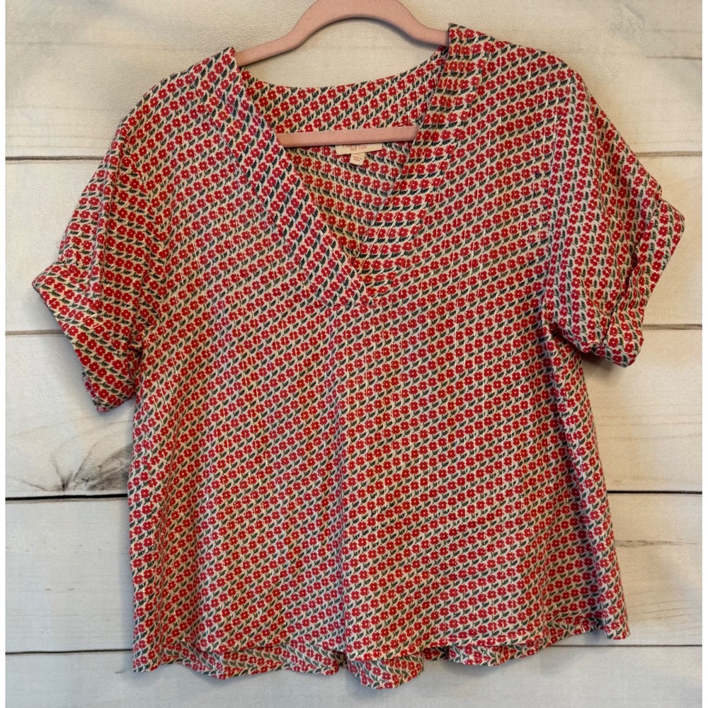 Pink Chicken New York Red Floral Lurex Stripe V-Neck Blouse XS